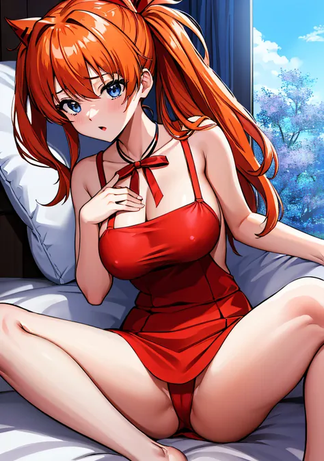 (masutepiece),(Best Quality), Asuka Langley Soryu，、soio、Blue eyes，hair between eye，headware，Interface headset，Orange hair，Red Ribbon、bow ribbon、校服、skirt by the、Slip Dress、Slip Dress、Tokyo No. 3 Middle School Uniforms 、large boob,Seductive underwear、Open le...