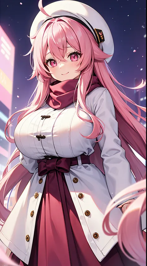 1 girl, game ,pink winter coat, white beret, winter scarf, gigantic breasts, pink hair, long hair, straight hair, ahoge, pink eyes, gigantic breasts, pink hair, long hair, straight hair, ahoge, pink eyes, A smile, a sparkling background,