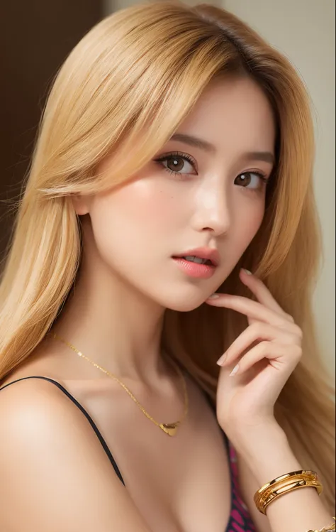 top-quality、ultra-detailliert、patterned  bikini、Silver necklace、Gold Bracelet、Funny hairstyles:1.5、Golden hair