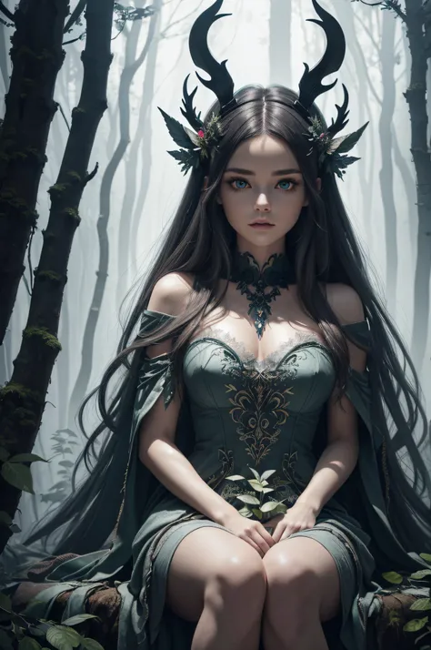 stylized, full body image, princess woman of the forest with faerie wings and small curved horns sitting (sitting 1.6) in a forest clearing, torn cloak, leaf dress (masterpiece), (best quality), (ultra detailed), (absurdres), (highres), (official art:1.4),...