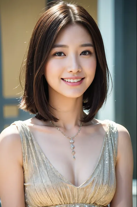 top-quality, ​masterpiece, hight resolution, 1girl, beautiful and flawless face, bob cuts,a necklace、耳Nipple Ring、 intricate-detail, Cinematic feel, 8K, ighly detailed,Maxi dress,(a smile)