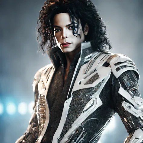 A closer portrait realistic Michael Jackson whit white skin, in cybernetic suit, in cinematic style in cite