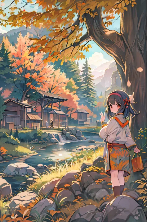 huge-breasted、kawaii、8 years old girl、A big smile、bbw、thick thight、big butts、Ultramammy,Chibi, autumn day,kaede、 Pines, Anime Background Art, japanese art style, beautiful anime scene, detailed scenery - width 672, Background art, Anime landscapes, Anime B...