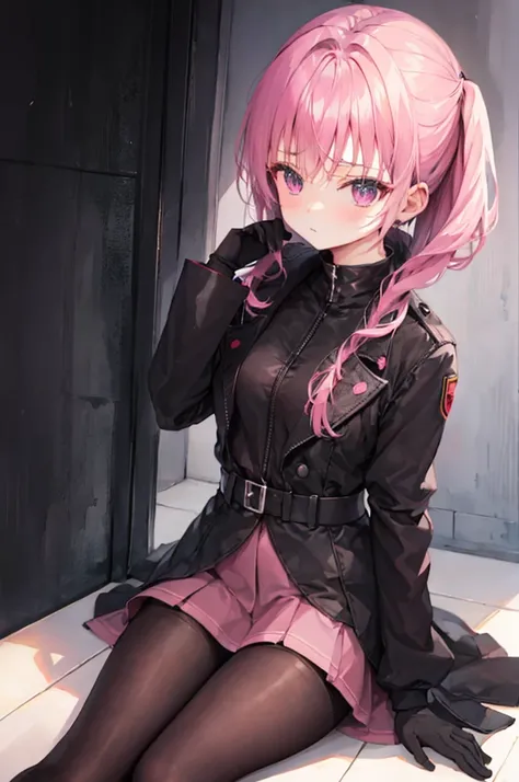 mitsukasa ayas，army suit，Manteau，short  skirt，black pantyhoses，black military boots，mitts，Place your hands behind your back，A sexy pose