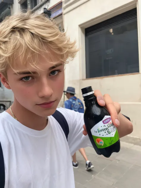 Arafed boy holding a bottle of juice on a city street.., tommy 1 6 years old, Joel Fletcher, young spanish man, by Raphaël Collin, Jugendstill, Chico rubio, taken in the early 2020s, Miles Johnstone, young blonde boy fantasy thief, Kacper Niepokolczycki, T...