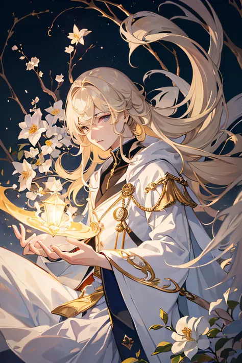 (main part), (Best quality at best), (ultra - detailed), Male characters, young, schoolboy, Light element, Pyro, white toned clothes, Grey and gold, Long blonde hair, mages, snowflower, catalyst, Beautiful hands and good quality,