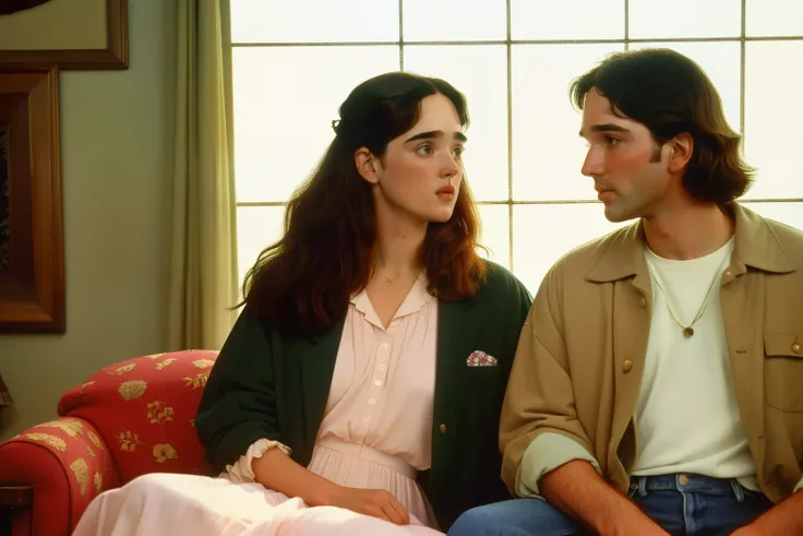 1995, Berkshire County, Massachusetts. Pre-raphaelite ((((43-year-old)) Jennifer Connelly)), home, with a man, on a romantic date, ((happiness)), ((((casual Clothing from the 1990s)))) ((short Hairstyle of the 1990s)), ((Wes Anderson cinematic style)), col...