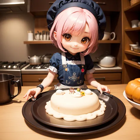 ​masterpiece、top-quality、ultra-detailliert、(Chibi Chara :1.2)、Blue Bob、Galabeya of Arabia Cosplay、Chibi Kitchen、kitchenware、dish、cups、A smile、