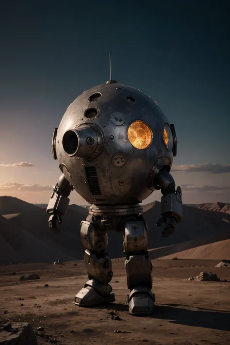 A crazy toy with a big one A Soviet one-eyed robot from CCCP, y casco Estilo, Pinzas en las manos, Cabeza de TV, cabeza de alfiler, camuflaje Oro Plata Rosa Oxidado, Atmosphere in the crater of a super-detailed meteorite, centro, Beautiful, Soft lighting, ...