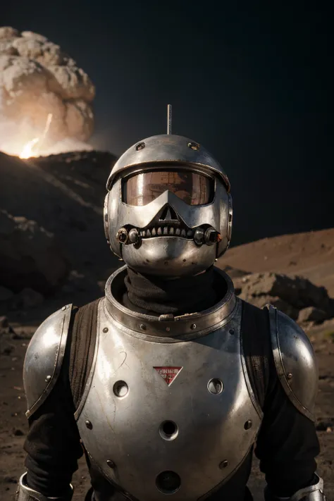 A crazy toy with a big one A Soviet one-eyed robot from CCCP, y casco Estilo, Pinzas en las manos, Cabeza de TV, cabeza de alfiler, camuflaje Oro Plata Rosa Oxidado, Atmosphere in the crater of a super-detailed meteorite, centro, Beautiful, Soft lighting, ...