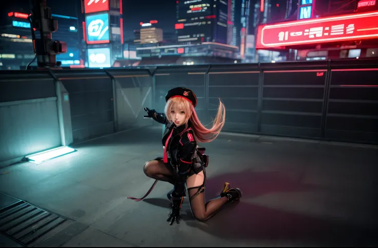 anime girl in black outfit kneeling on a rooftop with a neon city in the background, female cyberpunk anime girl, cyberpunk anime girl, the anime girl is crouching, on tokyo cyberpunk night rooftop, hero pose colorful city lighting, oppai cyberpunk, cyberp...