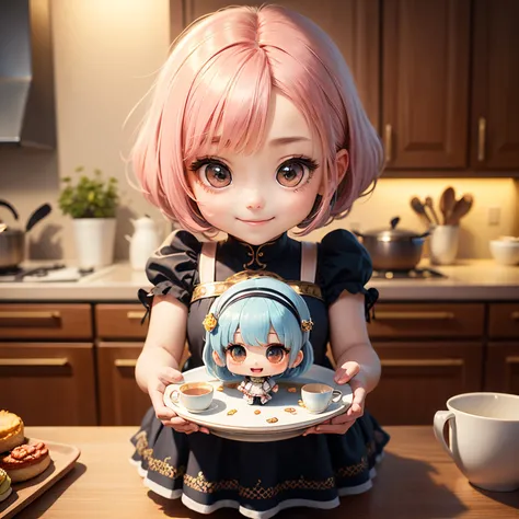 ​masterpiece、top-quality、ultra-detailliert、(Chibi Charas Daughter :1.2)、Blue Bob、Arabian national costume、Chibi Kitchen、kitchenware、dish、cups、A smile、