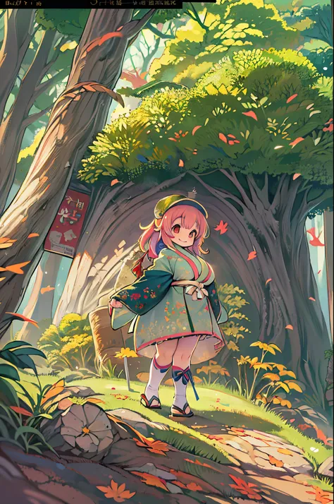 huge-breasted、kawaii、8 years old girl、A big smile、bbw、thick thight、big butts、Ultramammy,Chibi, autumn day,kaede、 Pines, Anime Background Art, japanese art style, beautiful anime scene, detailed scenery - width 672, Background art, Anime landscapes, Anime B...