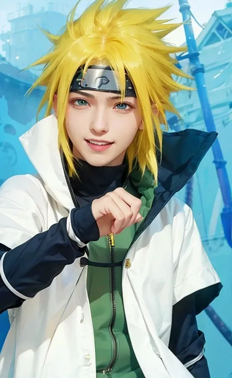 1male, namikaze in anime naruto shippuden, short hair , yellow hair, blue eyes, handsome, smile, white clothes, realistic clothes, detail clothes, city background, ultra detail, realistic