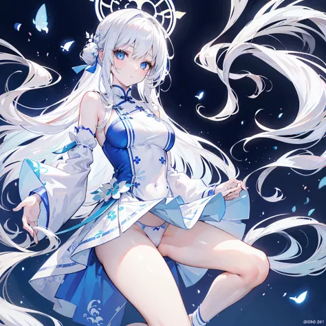 A beautiful anime girl, The long white hair is tied up messily, beautiful flat blue eyes，Not sparkling, White skin of the, White cheongsam，with some blue patterns/patterned, Bare legged, Wear white panties under the cheongsam, 8K, A high resolution, Good a...