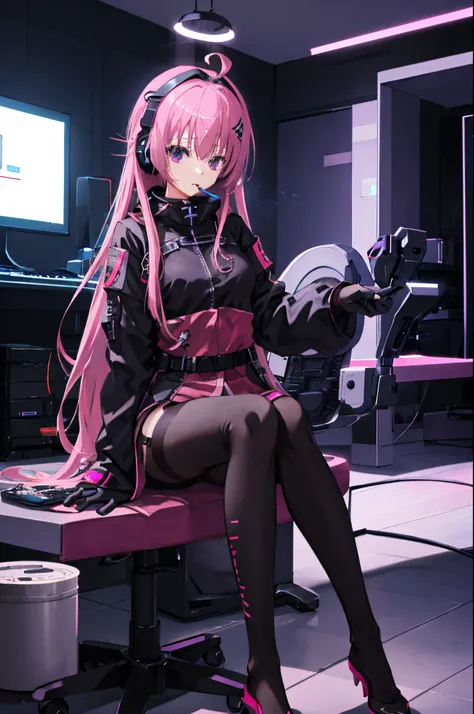 mitsukasa ayas，cyber punk perssonage, , digital punk, anime style 4k, short-sleeved game suit,pink long hair, computer room, gam...