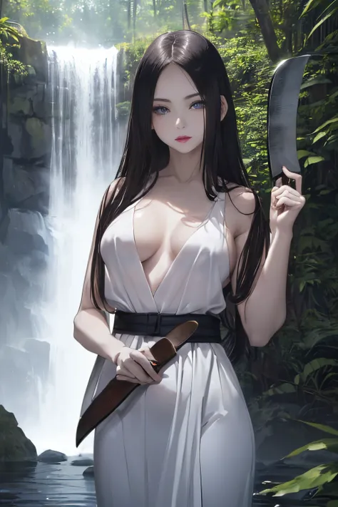 (((Beautiful woman holding a machete in her left hand:1.5))), ((Waterfall in a very dark forest)), ((Bathed in moonlight from behind:1)), ((Moonlit Falls))、((fullnude):1),((Beautiful naked woman waist-deep in a pool at the base of a Japanese waterfall))),(...