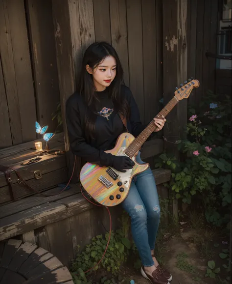 Image of a picturesque park scene，A radiant young woman sits on a cozy picnic blanket，Play the electric guitar skillfully。Around her，A row of brightly colored flowers bloom，Dotted with the earth，Extremely colorful。Delicate butterflies flutter gracefully ov...