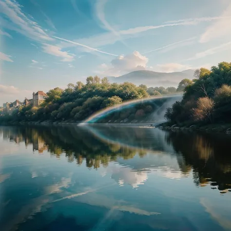 (watercolor style, spectral art) + majestic river overlooking the panorama + costume back (vista) + (flow + subtle reflection) + (blending + splashing) + (light and shadow clear + swaying dynamic)