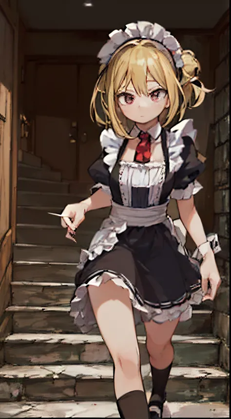 (​masterpiece}, {hight resolution}, {Good anatomy}, (top-quality), (extremely delicate and beautiful), (8k cg wallpaper), (illustratio), 1 girl in, a blond、maid clothes、White Brim、walking down stairs、Dark basement