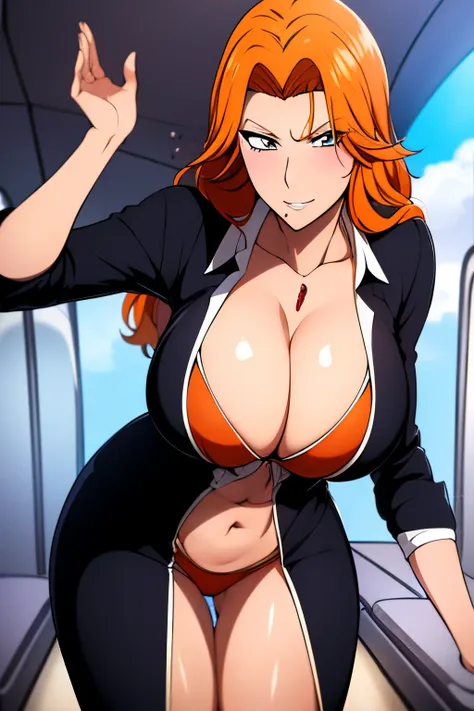 (messy orange hair), (flight attendant), airplane, (huge juicy breasts:1.2), (cleavage), (flight attendant dress:1.2), milf, busty, slim stomach, wide hips, beautiful face, professional lighting, glistening skin, high quality, (seductive pose:1.2)