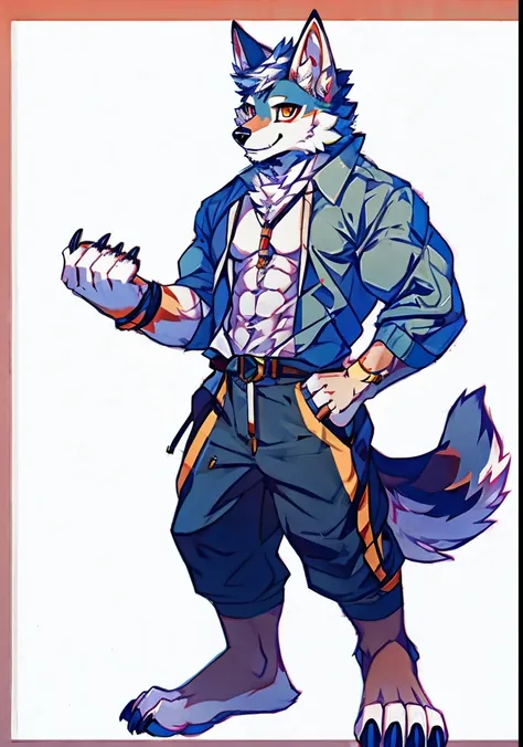 Human-wolf，Muscular，Full Body Furry，paws with claws，pass upright