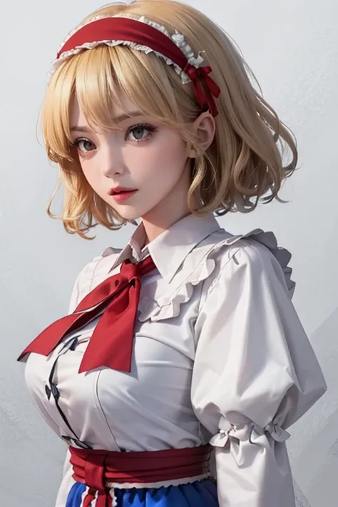 (8K), Sharp Focus, hight resolution, 1girl in, Alice, Upper body, Alice Def, Blonde hair, (sash, Bow, Hair Band), huge-breasted, Dress, (High quality:1.2), (high detailing:1.2), (masutepiece:1.2), (Extremely detailed:1.2),