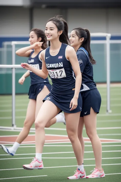 (((full body Esbian)))、japanese beauty girl、(((Track and field uniform)))、((Lustrous shoulder-length black hair))、from the waist down、Posing、hairarmpits、Wet body、Sweaty body、Perfect Style、beauty legs、kawaii、((toru & Field Athletes Women))、(((1 persons)))、(...