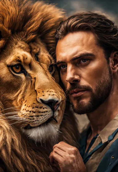 a majestic man and lion, double contact， merge portrait