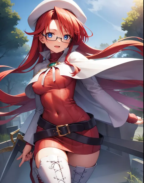 summonnightaty, aty, long hair, blue eyes, red hair, beret, hat, glasses,
BREAK long hair, thighhighs, hat, dress, boots, glasses, belt, cape, sweater, zettai ryouiki, beret, thigh boots, white footwear, ribbed sweater, loose belt,,
BREAK outdoors, fantasy...