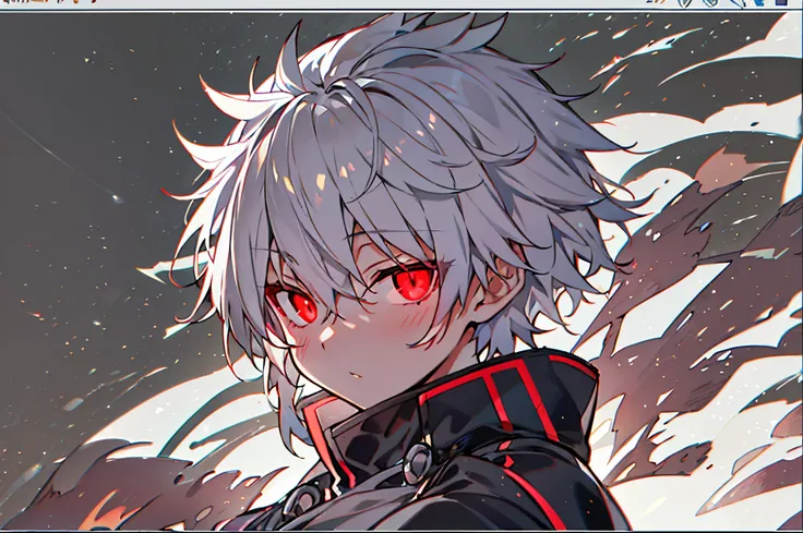 hight resolution,close range、Anime boy with white hair and red eyes staring at camera, Glowing red eyes,slim, dressed in a black outfit,Shadow Body,Brown skin、monochromes,hair messy,Straight face、（glareing）、Diagonal angle