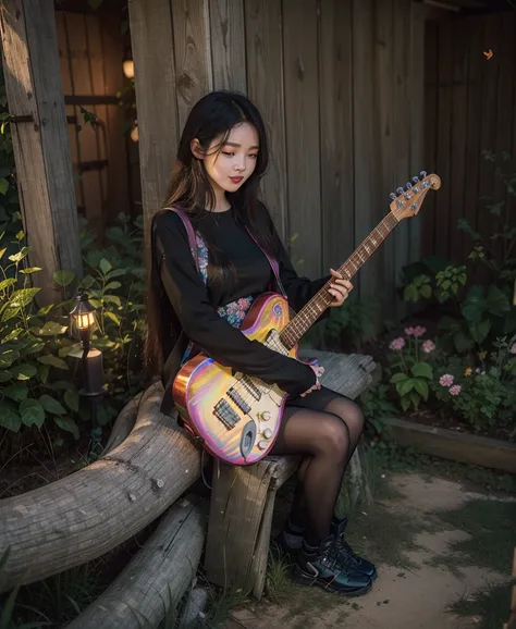 Transparent bikini picturesque park scene image，A radiant young woman sits on a cozy picnic blanket，Play the electric guitar skillfully。Around her，A row of brightly colored flowers bloom，Dotted with the earth，Extremely colorful。Delicate butterflies dance g...