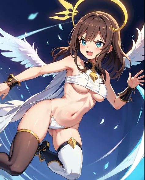 fantasy, 1angel_girl,child, loli,brown_hair, medium_bob_hair, long_bangs, halo,bare_shoulder,thighhighs,silver_armor, waist_armor, large_breasts,angry,grinning,open_mouth_teeth, 1pair_wings, dynamic_pose_fighting,floating, bare_crotch, headgear,gauntlet, g...