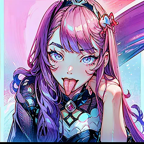 1beautiful girl、ren、Beautiful fece、Fantastical、Best Quality、Open mouth, Tongue out, long tongue、Stick out the tongue、akanbe, big eye、kawaii eyes、purple glowing eyes、Long bangs、pale pink long hair、Front view, close up of face and eyes、sharp outline、((up of ...