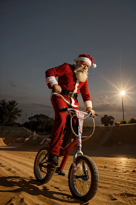 santa claus riding a bmx bike on a disney style dirt track