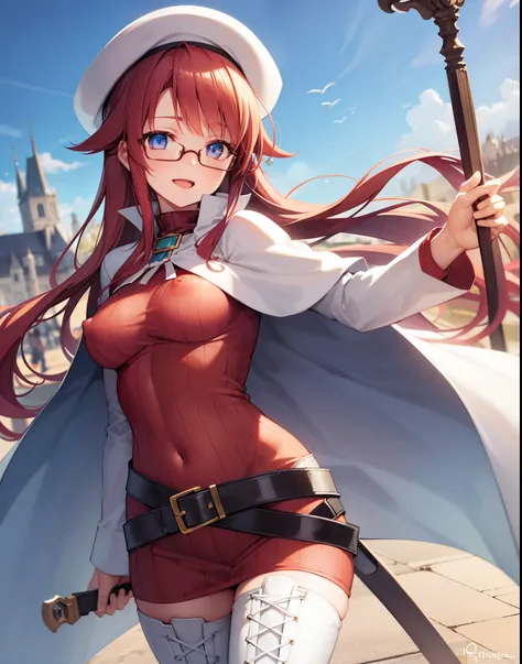 summonnightaty, aty, long hair, blue eyes, red hair, beret, hat, glasses,
BREAK long hair, thighhighs, hat, dress, boots, glasses, belt, cape, sweater, zettai ryouiki, beret, thigh boots, white footwear, ribbed sweater, loose belt,,
BREAK outdoors, fantasy...