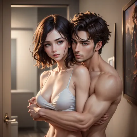 ((highest quality, 8k, masterpiece: 1.3)) produces photorealistic ultra-high resolution images of a young and attractive couple. A very handsome man with short hair and shirtless stands behind a woman and hugs her tightly with a look of fierce affection. T...