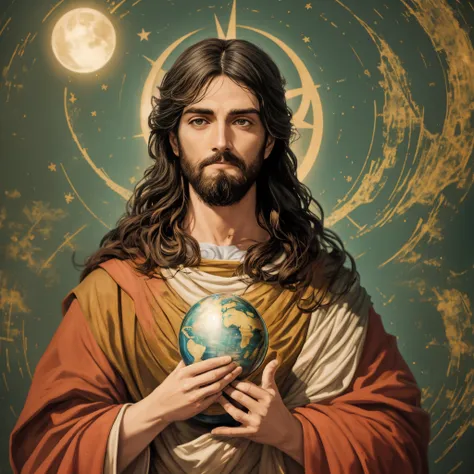 Jesus segurando um globo com lua cheia ao fundo, creation of the world, Jesus Cristo, Cyberpunk Jesus Cristo, Retrato de Jesus Cristo, Jovem Deus Todo-Poderoso, Jesus Cristo em Mass Effect, governante do mundo, Jesus, imagens sagradas, O Criador da Terra, ...