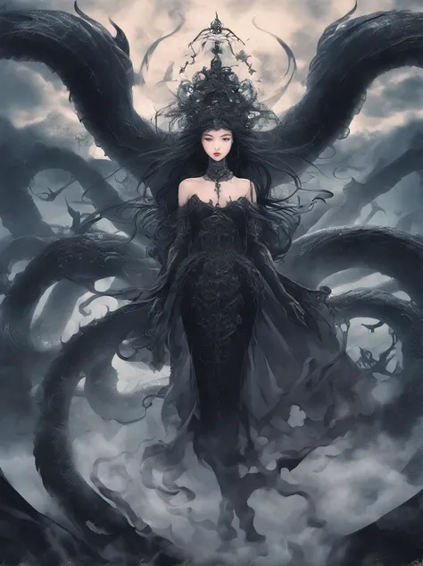 (masterpiece), scary, dark, spooky, underwater foggy liquid swirling void, best quality, front view, demonic, asian 18 yo teenage girl liu wen, shaved eyebrows, with large black ram horns, , a large serpent and slimy tentacles wrapped around her shoulders....