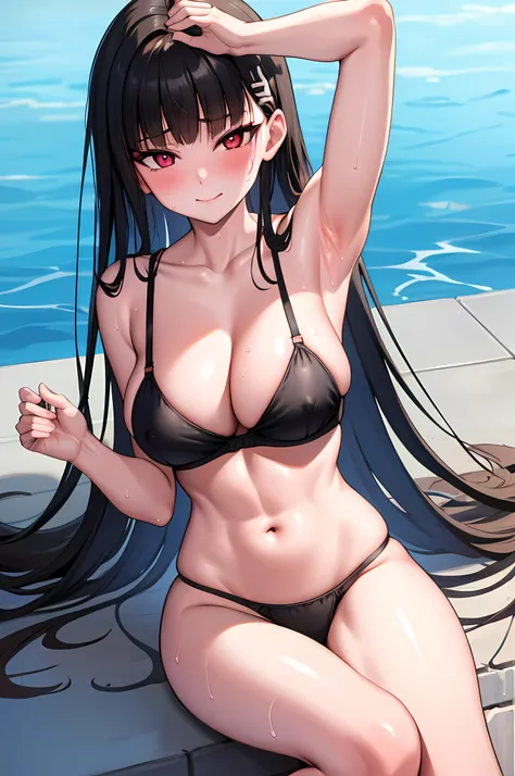 (nsfw:1.2, best quality, masterpiece, ultra-detailed, perfect pixels), 1girl, rio, seductive, busty, perfect body, blunt bangs, long hair, hair ornament, armpit, abs, close-up, pov, sly smile, nipslip, black bra, cleavage, large breasts, blush, (wet body, ...