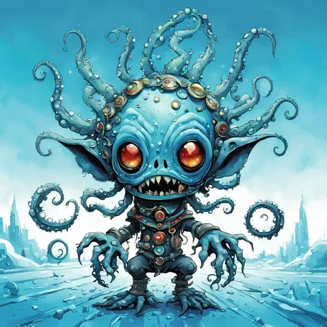 2D, creepy,  (style of Skottie Young:1.3) 
a Gremlin with many long squid-like tentacles and a jewel ontop its head which can blind with its benevolent beauty, in icy blue sky blue and blue colors, best quality, masterpiece