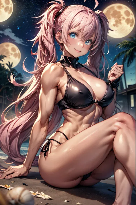 1 girl, (medium boobs))) (((big ass))), (cute smile), (((wearing short bikini))), (long pink hair), (((blue eyes))), (na beach at night with starry sky and full blood moon), (slender), (thin waist), (butt only), legs (thin and muscular), muscular belly, ba...