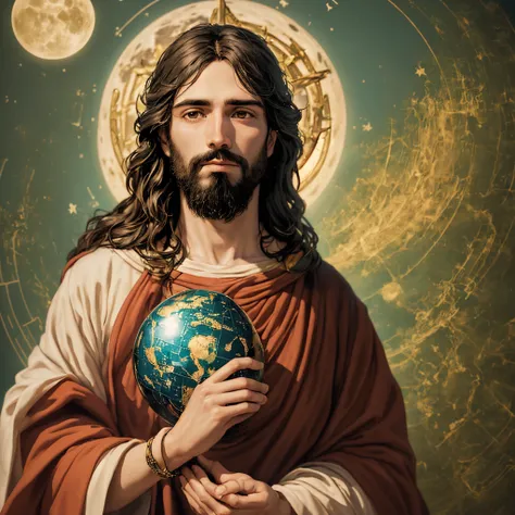 Jesus segurando um globo com lua cheia ao fundo, creation of the world, Jesus Cristo, Cyberpunk Jesus Cristo, Retrato de Jesus Cristo, Jovem Deus Todo-Poderoso, Jesus Cristo em Mass Effect, governante do mundo, Jesus, imagens sagradas, O Criador da Terra, ...