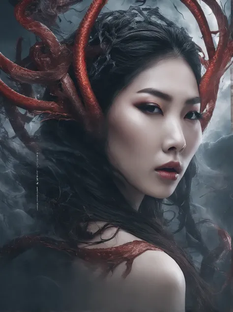 (masterpiece), scary, dark, spooky, underwater foggy liquid swirling void, best quality, front view, demonic, asian 18 yo teenage girl liu wen, shaved eyebrows, with large black ram horns, , a large serpent and slimy tentacles wrapped around her shoulders....