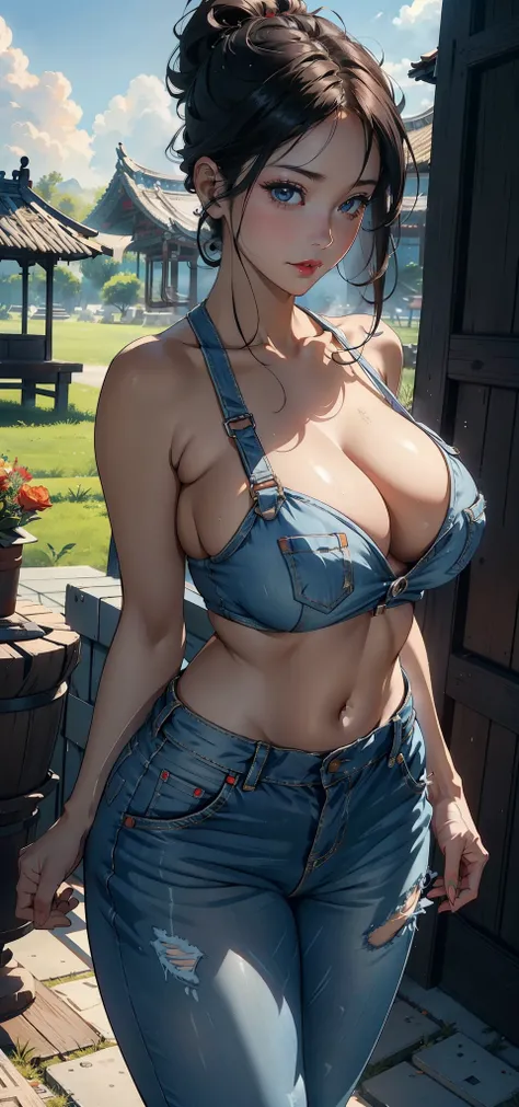 1female，45 yers old，A MILF，熟妇，mature，Married womittle bit chubby，The chest is large，Huge cleavage， A sagging breast，独奏，（Background with：ricefield） ，high ponytails，Short hair details，seen from the front， The sky is mostly cloudy，（（（tmasterpiece），（Very detai...