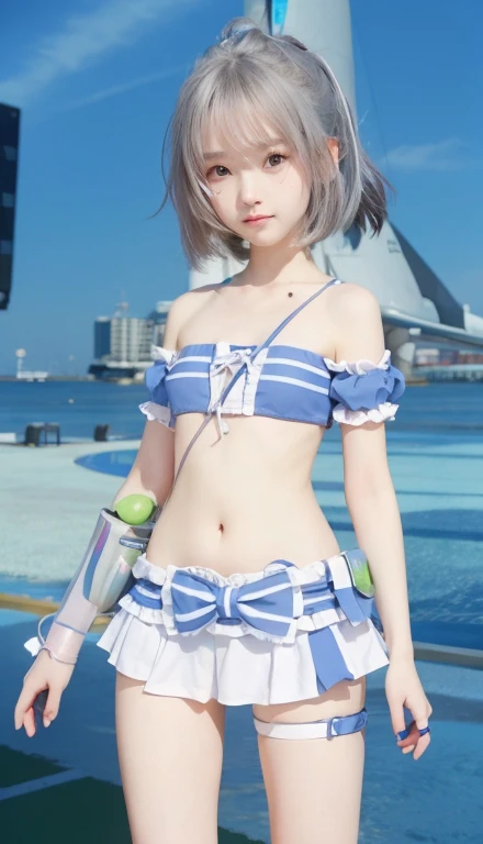 anime girl in a blue and white outfit standing on the beach, Fazer videogame Azur Lane, kantai collection style, Estilo de pista Azur, Personagens de Azur Lane, de meninas da linha de frente, small curvy loli, detalhes finos. meninas da linha de frente, me...