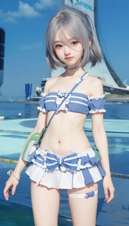 anime girl in a blue and white outfit standing on the beach, Fazer videogame Azur Lane, kantai collection style, Estilo de pista Azur, Personagens de Azur Lane, de meninas da linha de frente, small curvy loli, detalhes finos. meninas da linha de frente, me...