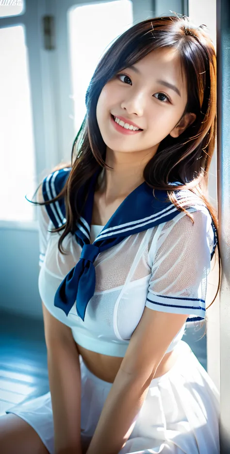 ulzzang -6500-v1.1, (Raw photo:1.2), (Photorealsitic), (See-through:1.3),white serafuku,sailor dress, game_nffsw,  White theme,School uniform, Sailor Suit, Looking at Viewer,  Maniacal, messy long hair, Beautiful detailed eyes,Hair glows,Dramatic Angle,blu...