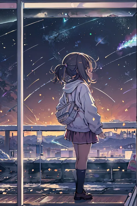 Anime girl wearing white glass , Stand on the land,Night view ,Lots of stars in the night sky,milkyway ,Anime style, 32K UHD, Beautiful, Color Cartoon - AR 3:4 --