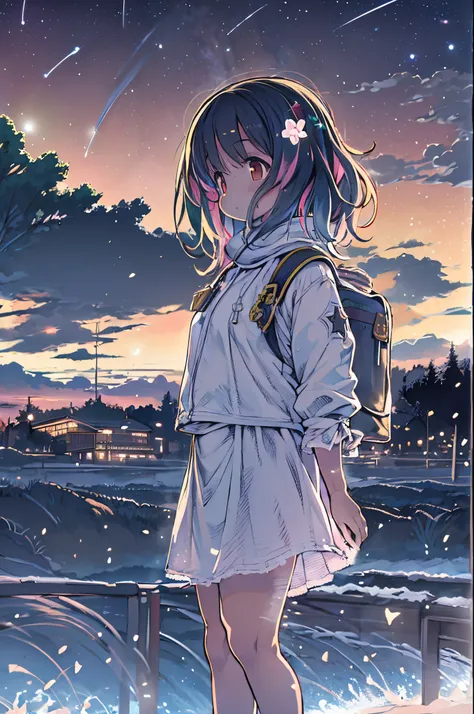 Anime girl wearing white glass , Stand on the land,Night view ,Lots of stars in the night sky,milkyway ,Anime style, 32K UHD, Beautiful, Color Cartoon - AR 3:4 --